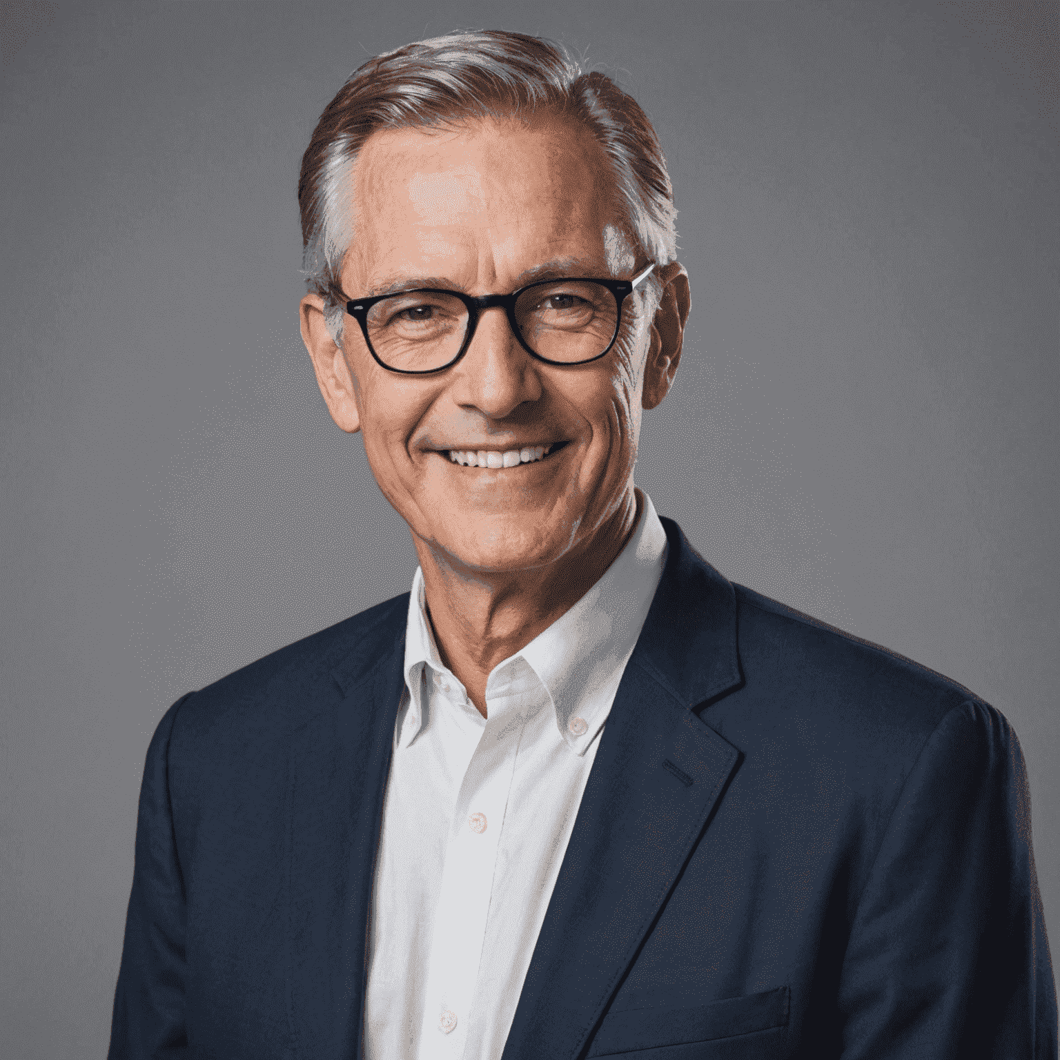 Portrait of John Doe, a middle-aged man with greying hair and glasses, wearing a crisp white shirt and navy blazer, smiling confidently at the camera