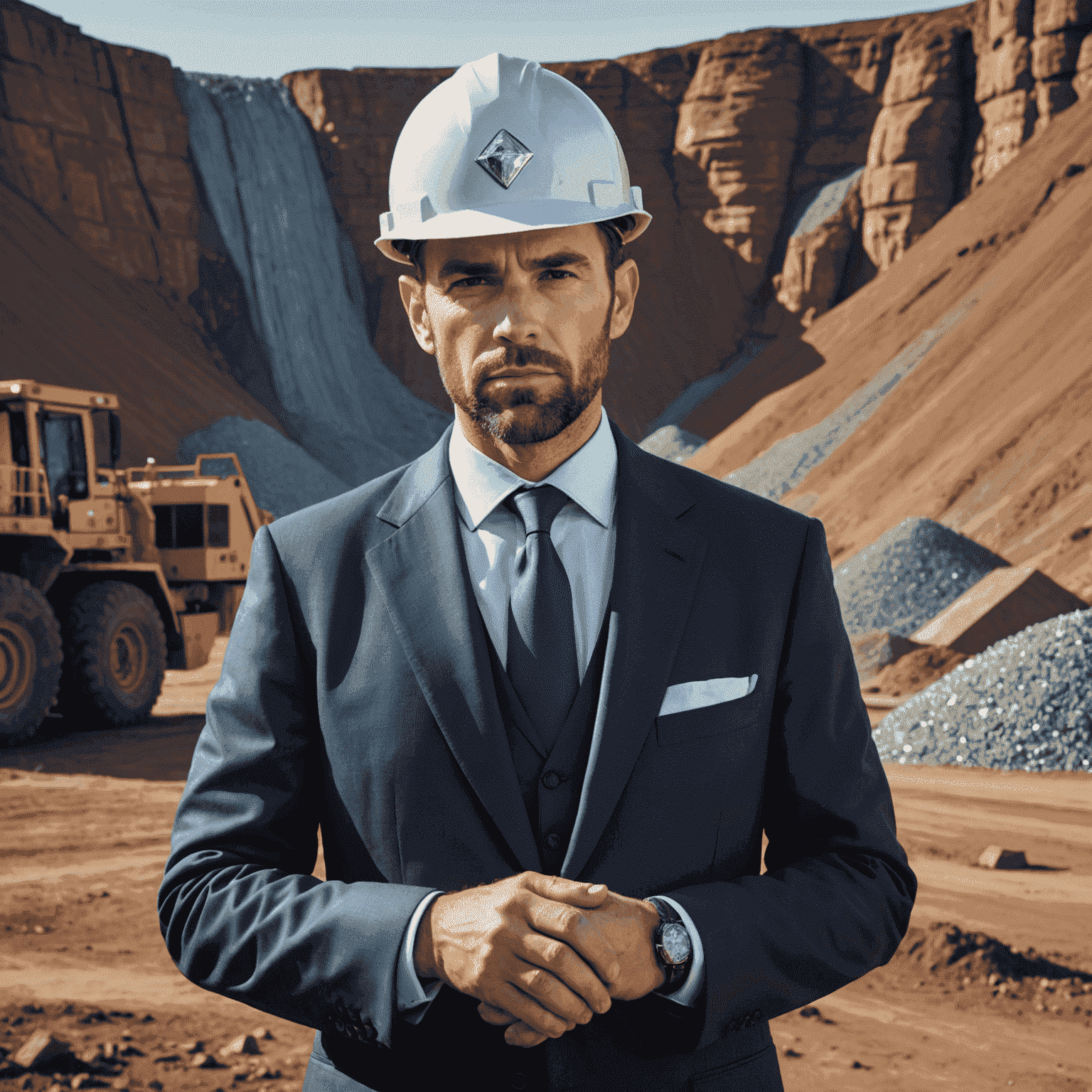 Nicky Oppenheimer standing in front of a De Beers diamond mine, wearing a suit and hard hat, with a determined expression on his face