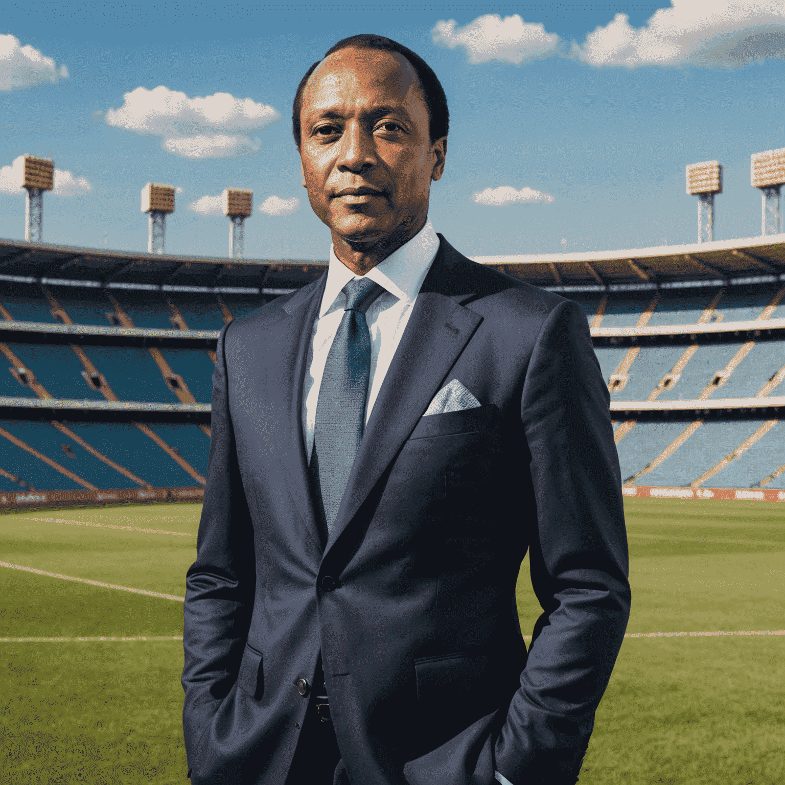 Patrice Motsepe standing confidently in a business suit, with a backdrop of a mining operation and a soccer stadium, symbolizing his diverse business empire