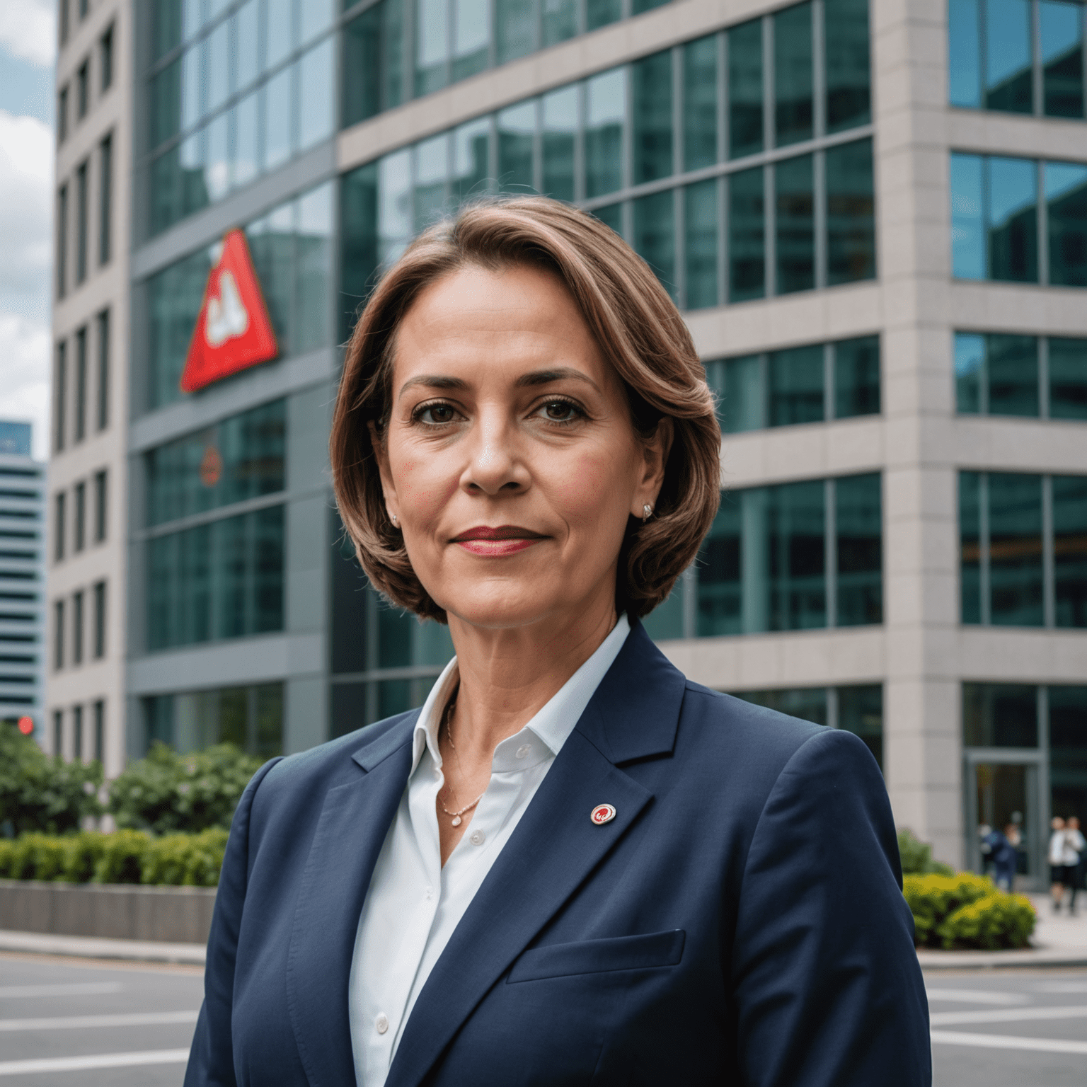 Maria Ramos standing confidently in front of the Absa Group headquarters, wearing a professional suit and exuding leadership