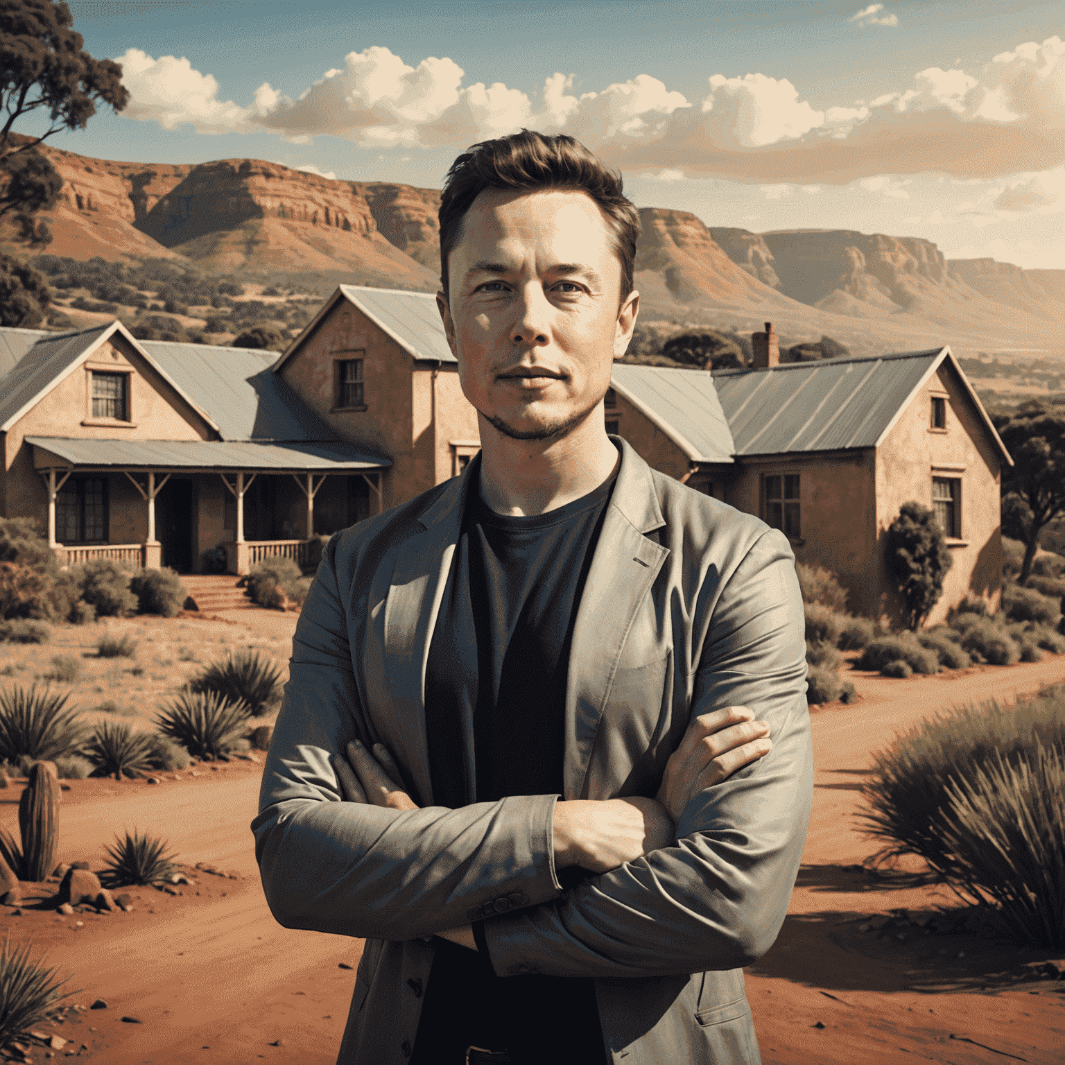 Young Elon Musk in Pretoria, South Africa, standing in front of his childhood home with a backdrop of the African landscape