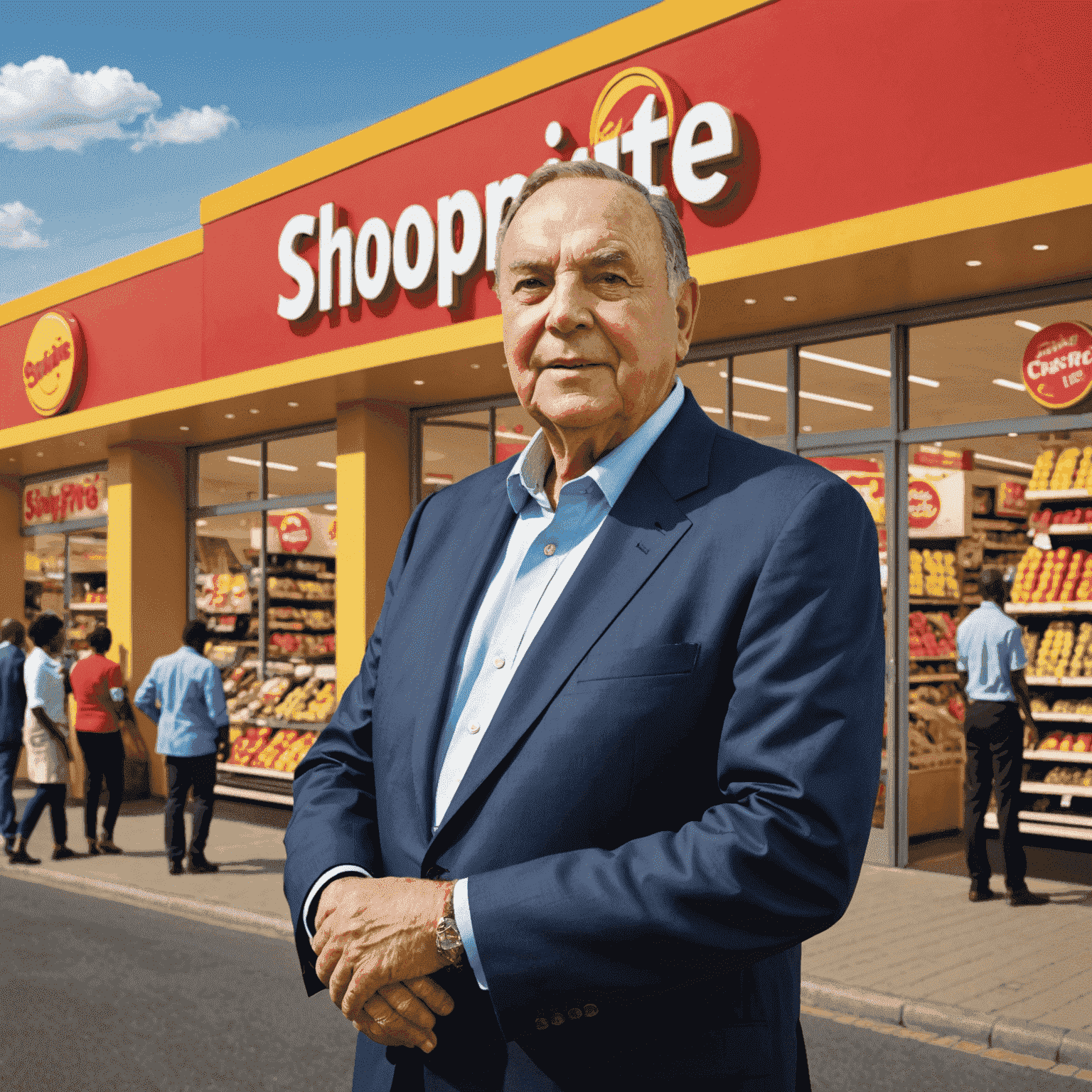 Christo Wiese standing in front of a Shoprite store, looking confident and successful. The image showcases the growth of Shoprite from a small chain to Africa's largest food retailer.