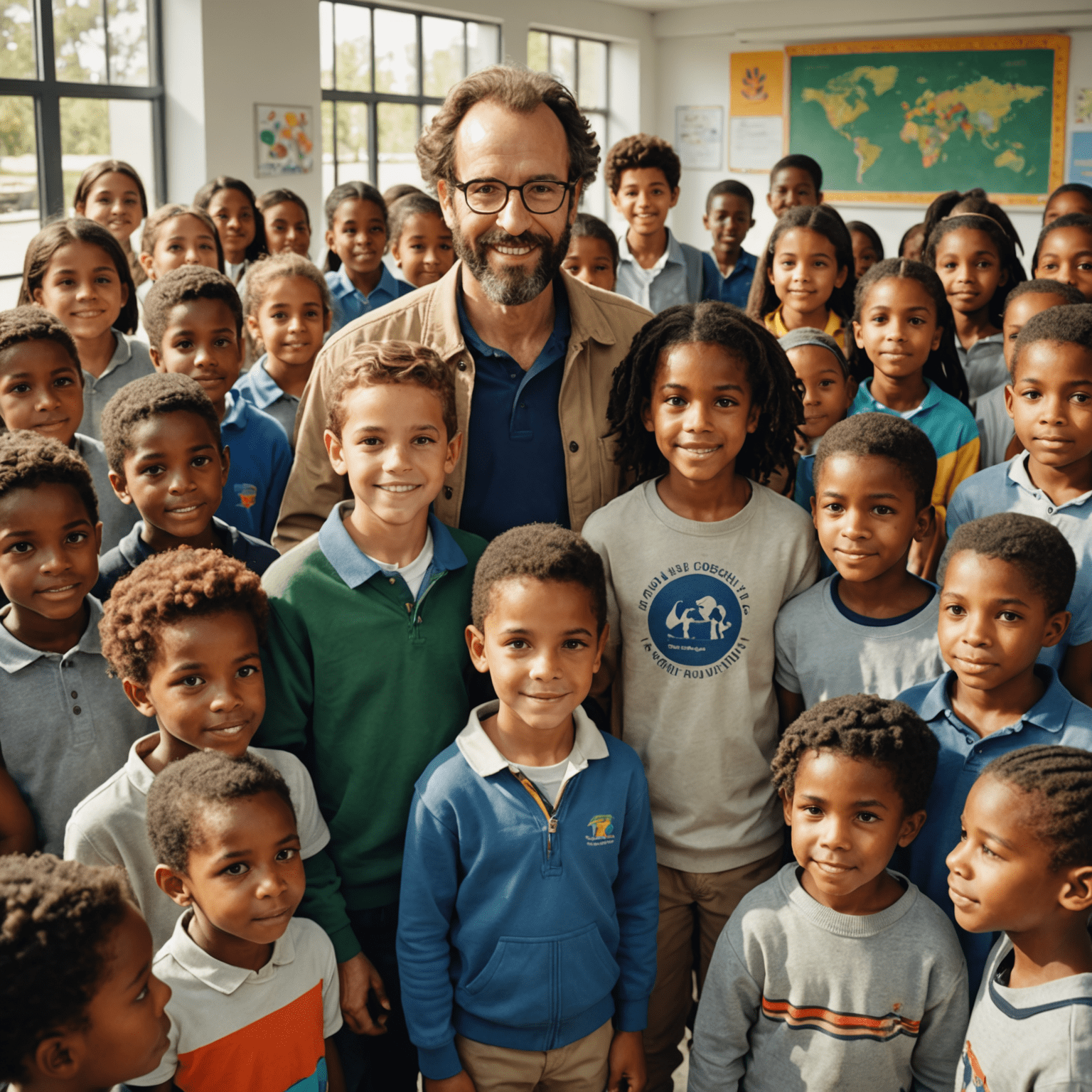 Nicky Oppenheimer in casual attire, surrounded by children at the opening of a new school funded by his philanthropic foundation