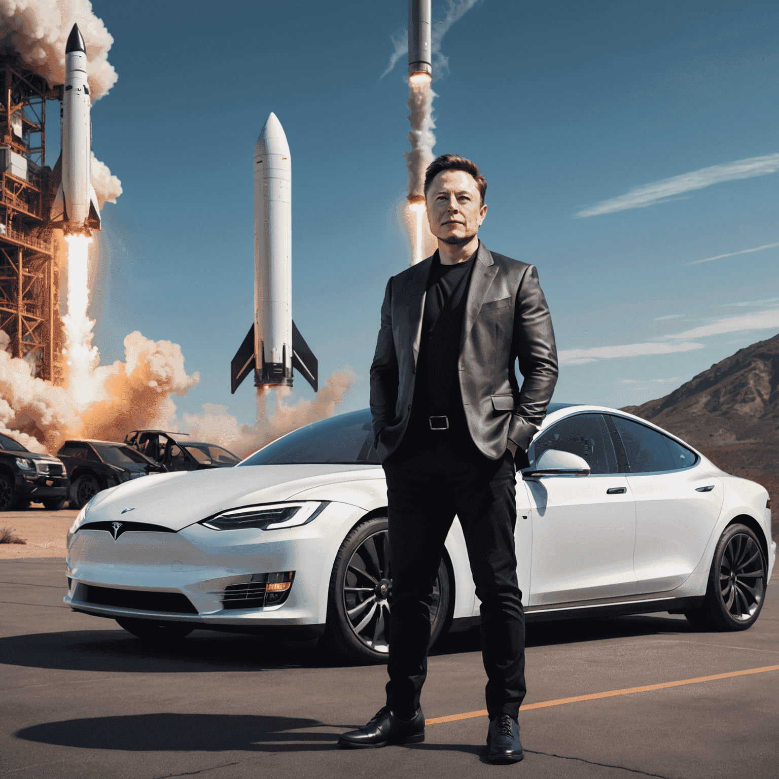 Modern-day Elon Musk standing in front of a Tesla car and a SpaceX rocket, symbolizing his journey from South Africa to global tech leadership