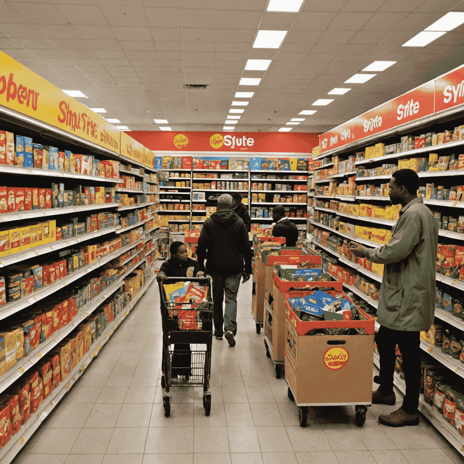 A busy Shoprite store interior, showing a diverse group of customers shopping among well-stocked shelves, symbolizing the accessibility and affordability Shoprite brought to South African retail.